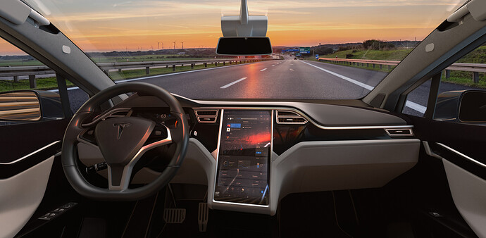 Cockpit eines auf der Autobahn fahrenden Tesla Model X