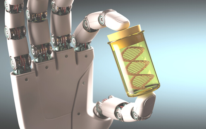 Künstliche Intelligenz: Eine Roboterhand hält ein Reagenzglas mit einer DNA-Probe