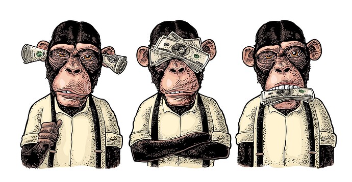 Drei weise Affen mit Geld in Ohren, Augen und Mund