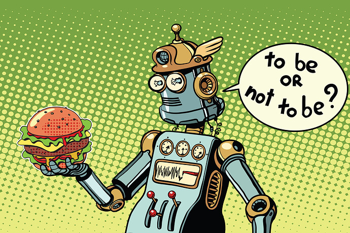 Ein Roboter mit einem Hamburger in der Hand. Sein oder nicht sein - eine Szene aus Shakespeare. (Pop-Art-Retro-Vektorgrafik)