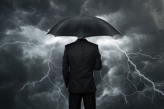 Geschäftsmann mit Regenschirm vor einem Unwetter stehend