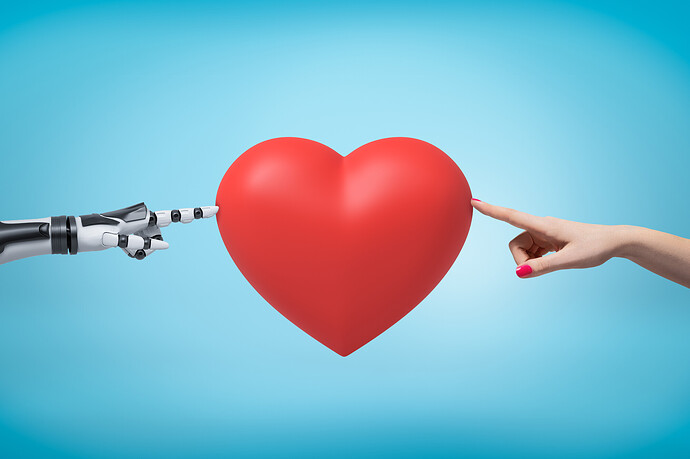Die Hand einer Frau und die Hand eines Roboters berühren mit ihren Fingerspitzen ein rotes Valentinsherz