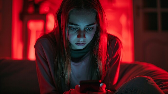 Eine junge Frau ist in ihr Telefon vertieft, ihr Gesicht wird vom nächtlichen Schein des Displays erhellt