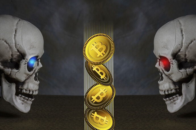Zwei Totenschädel und Bitcoin