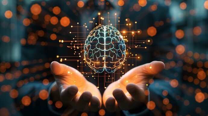 Ein digital gerendertes Gehirn schwebt über geöffneten Handflächen inmitten eines Netzwerks aus leuchtenden, miteinander verbundenen Knotenpunkten