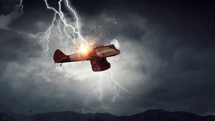 Ein Blitz schlägt in ein Retro-Flugzeug ein, das am dunklen Himmel fliegt