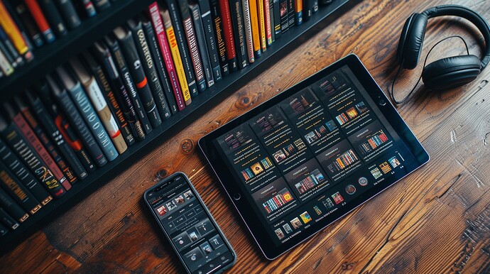 Ein Tablet mit einer Sammlung von Hörbüchern neben einem Smartphone und Kopfhörern