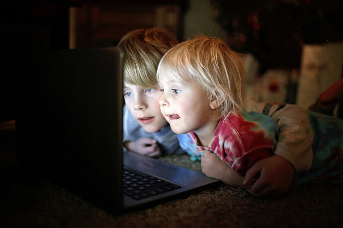 Sicherheit im Netz: Zwei kleine Kinder sehen sich auf ihrem Laptop Internetvideos an.