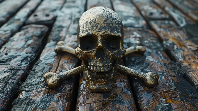 Ein verwitterter Schädel mit gekreuzten Knochen liegt auf einer alten Holzplatte