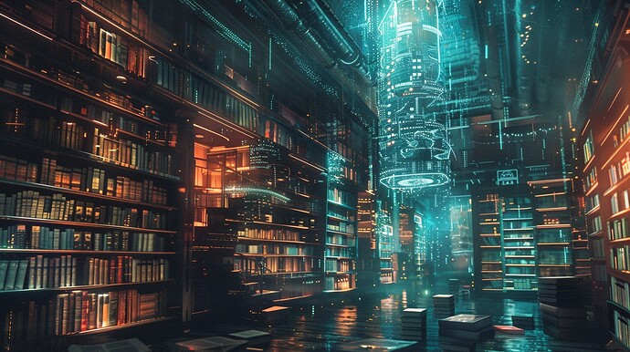 Vision einer futuristischen, neonbeleuchteten Bibliothek inmitten unzähliger Bücherregale