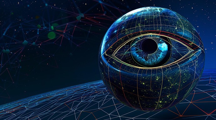 Ein digitales Auge, dargestellt als Überwachungskugel vor dem Hintergrund miteinander verbundener Netzleitungen