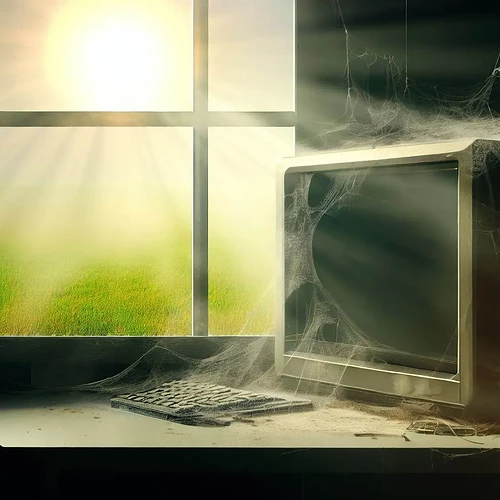 Die Sonne scheint durch ein Fenster auf einen eingestaubten Computer in der deutschen Verwaltung