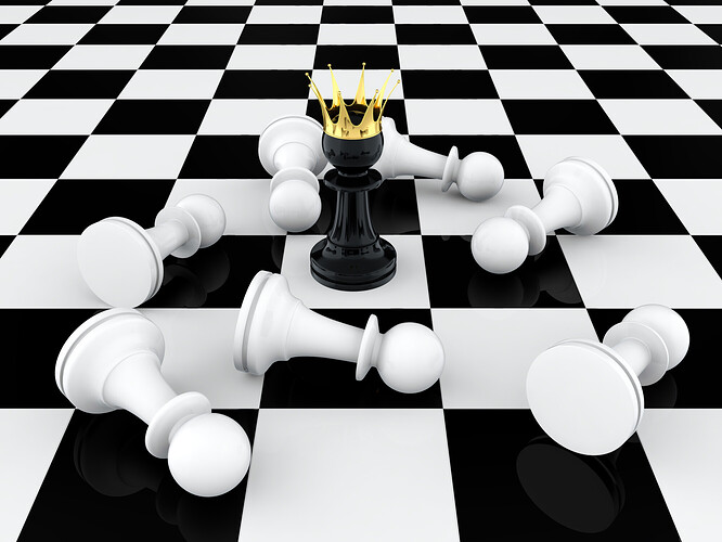 3D-Rendering eines schwarzen Bauern beim Schachspiel mit goldener Krone