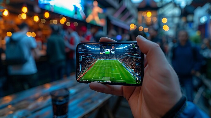 Jemand hält in einer Bar ein Smartphone hoch, auf dem ein Fußballspiel live übertragen wird