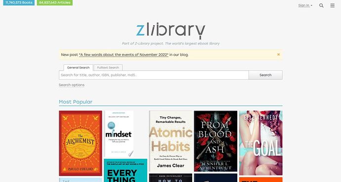 Screenshot der Z-Library-Webseite