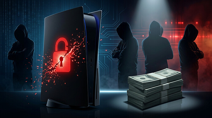 PS5-Jailbreak: Spielkonsole, Geldscheine und aufgebrochenes digitales Schloss als Symbol für Sonys 50.000-Dollar-Prämie und den Streit in der Jailbreak-Szene.