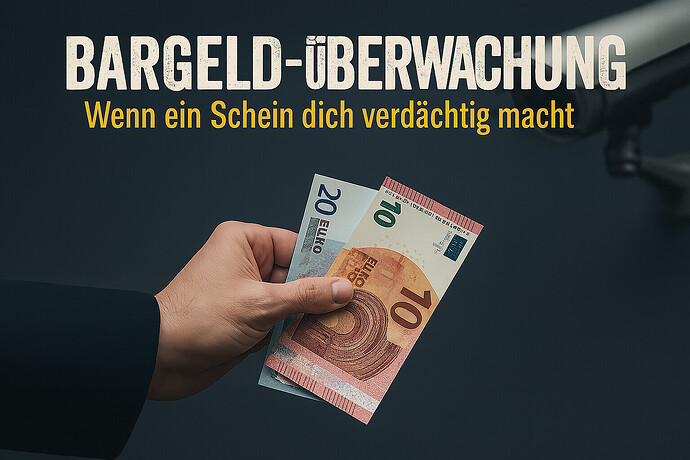 Auf dem Bild sind vor dunklem Hintergrund zwei Euro-Scheine und daneben eine Überwachungskamera zu sehen. Darunter steht der Text: „Bargeld-Überwachung – Wenn ein Schein dich verdächtig macht”.