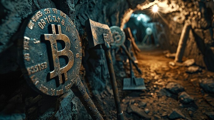 Eine symbolische Darstellung des Bitcoin-Minings in einem schwach beleuchteten unterirdischen Tunnel mit Werkzeugen