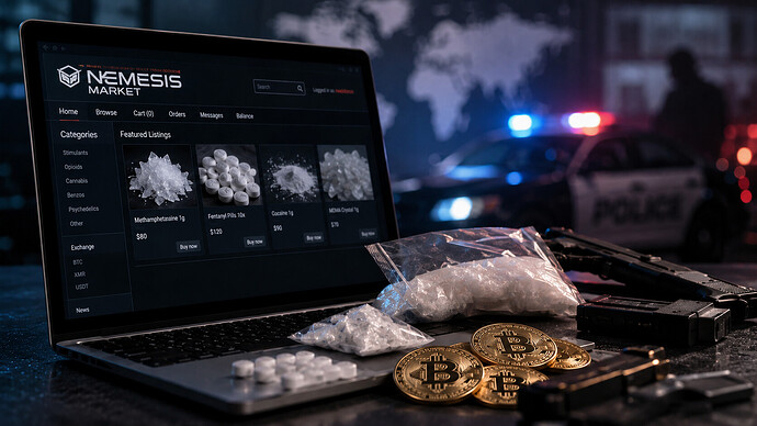 Laptop mit Darknet-Marktplatz, Bitcoin und Drogen als Symbolbild für den Fall des Nemesis-Market-Händlers Darren Hughes.