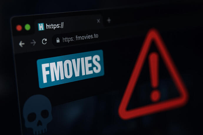 Ein Computerbildschirm mit einer geöffneten FMovies-Seite, im Hintergrund erscheint eine Malware-Warnung – ein Symbolbild, das die Gefahr durch Infostealer bei illegalen Streaming-Seiten veranschaulicht.
