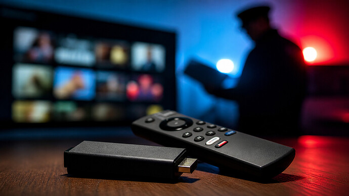 Streaming-Stick und Fernbedienung vor Fernseher, im Hintergrund unscharfe Polizeifigur mit Lichtsignal, Symbolbild für Ermittlungen gegen illegales Streaming in Großbritannien