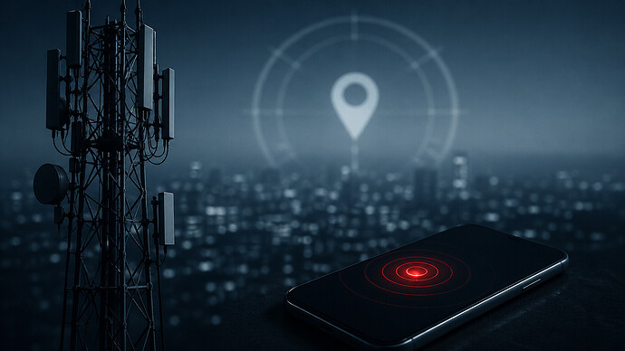 Smartphone mit Ortungssignal vor Mobilfunkmast als Symbol für Mobilfunk-Überwachung über Netzwerkinfrastruktur