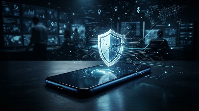 VPN-Apps mit Trackern: Ein Smartphone mit leuchtendem VPN-Schutzschild liegt im Vordergrund, während im Hintergrund verdeckte Datenströme, Ortungsmarker und digitale Überwachungsnetzwerke durch den Schutz hindurch sichtbar werden.
