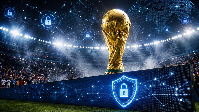 Symbolbild zur FIFA-Partnerschaft mit einem VPN-Anbieter: Fußballstadion, WM-Pokal und Cybersecurity-Elemente.