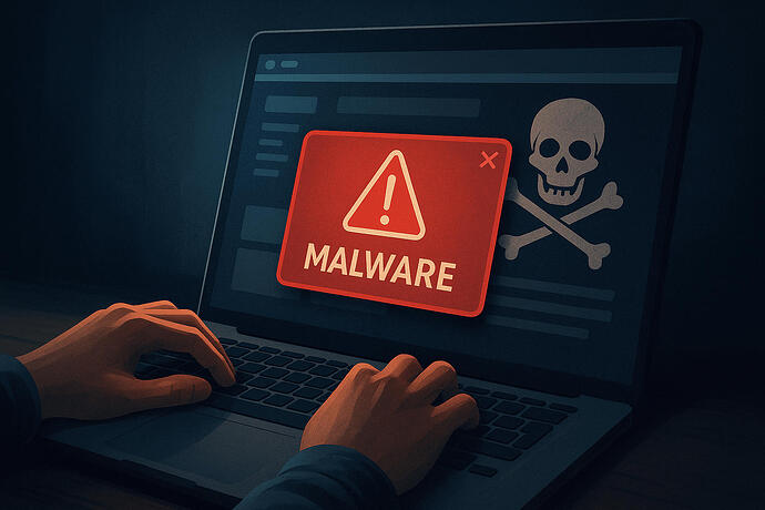 Eine Person sitzt an einem Laptop. Auf dem Bildschirm erscheint ein großes rotes Warnfenster mit dem Schriftzug „Malware” und einem Ausrufezeichen. Im Hintergrund ist das Symbol einer Piratenseite mit Totenkopf und gekreuzten Knochen zu sehen. Die Szene ist in dunklen Tönen gehalten und wird lediglich vom Bildschirmlicht beleuchtet.