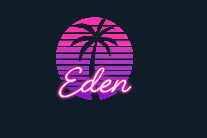 Das neonfarbene Eden-Logo mit Palme und violettem Sonnenuntergang auf dunklem Hintergrund symbolisiert den Stil des plattformübergreifenden Nintendo-Switch-Emulators.