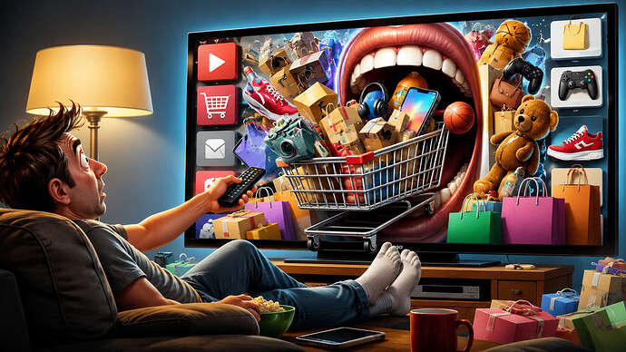 Karikatur eines Smart-TVs mit überquellendem Einkaufswagen, Werbung und Produkten, während ein Zuschauer per Fernbedienung auf YouTube einkauft.