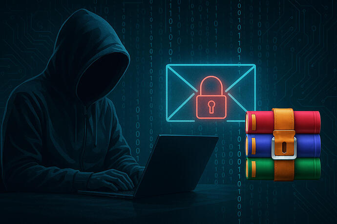 Es handelt sich um eine digitale Illustration eines Hackers mit Kapuzenpulli, der an einem Laptop arbeitet. Der Hintergrund ist dunkelblau und zeigt binäre Zahlen sowie Schaltkreislinien. Über dem Laptop schwebt ein E-Mail-Symbol mit rotem Schloss. Rechts daneben ist das WinRAR-Logo aus drei gestapelten, farbigen Büchern zu sehen. Das Bild stellt Phishing-Angriffe und deren Bezug zur WinRAR-Sicherheitslücke dar.