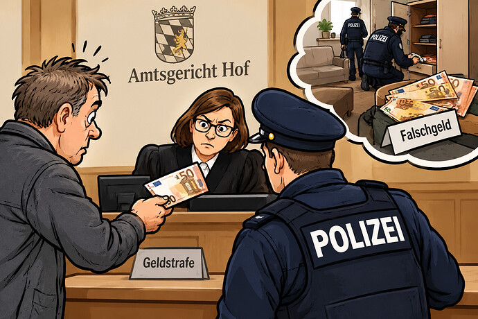 Falschgeld vor Gericht: Karikatur eines Mannes, der am Amtsgericht Hof einen gefälschten 50-Euro-Schein vorlegt, während Polizei und Justiz aufmerksam werden.