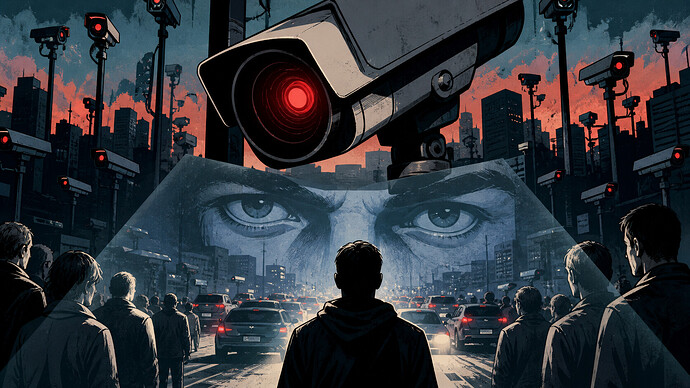 Dystopische Cartoon-Illustration mit Überwachungskameras in einer Stadt, die Menschen und Fahrzeuge erfassen – Sinnbild für Flock Safety und massenhafte Datenerfassung.