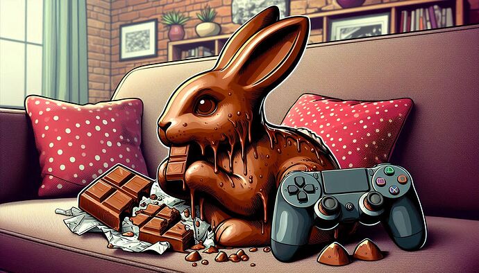 Ein Osterhase, passend zur April-Glosse, mit Gaming Zubehör, Glosse im April.