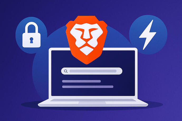 Es handelt sich um eine digitale Illustration, die den Brave-Browser zeigt. Zentral auf einem Laptop-Bildschirm steht das orangefarbene Brave-Löwenlogo. Links daneben ist ein Schloss als Symbol für Sicherheit zu sehen, rechts ein Blitz, der für Geschwindigkeit und Performance steht. Das gesamte Bild ist in blauen und violetten Farbtönen gehalten.
