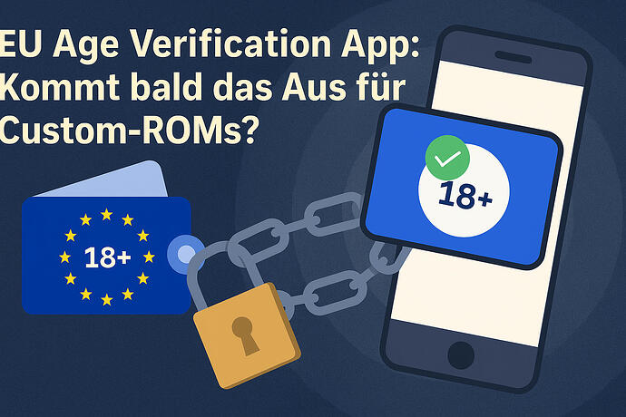 Ein mit Kette und Schloss gesichertes Smartphone symbolisiert die Einschränkungen durch die EU-Altersverifikations-App. Daneben sind ein 18+-Nachweis und eine digitale Brieftasche zu sehen.