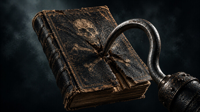 Enterhaken durchbohrt ein Piratenbuch als Symbolbild für E-Book-Piraterie und den Kampf gegen illegale digitale Bücher.