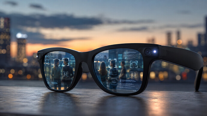 Meta KI-Brille mit Gesichtserkennung und KI-Analyse von Personen in einer urbanen Umgebung