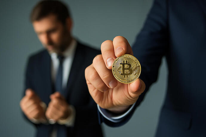 Nahaufnahme einer Hand mit einer goldenen Bitcoin-Münze. Im Hintergrund ist ein unscharfer Mann im Anzug mit Handschellen zu sehen – als Symbol für die Festnahme eines Krypto-Betrügers.