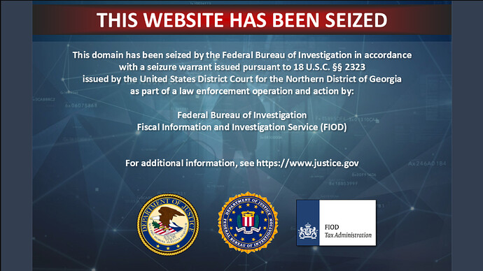 Hinweisgrafik: Diese Website (NSW2U) wurde vom FBI und der niederländischen Steuerfahndung (FIOD) beschlagnahmt. Zu sehen ist eine blau unterlegte Anzeige des Justizministeriums mit Logos von DOJ, FBI und FIOD auf Netzstruktur-Hintergrund.