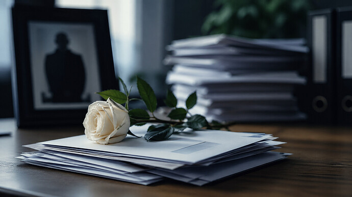 Inkassoschreiben und weiße Rose auf Tisch als Symbol für Zahlungsforderung an Verstorbenen