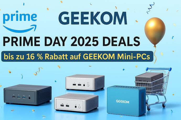 GEEKOM Prime Day Grafik mit Mini-PCs und 20 % Rabatt – Amazon-Deals vom 8. bis 11. Juli 2025.