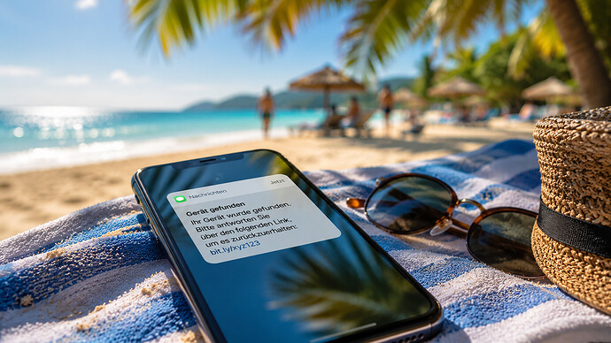 Gestohlenes Smartphone am Strand als Symbol für Phishing-Angriffe und Datendiebstahl im Urlaub.