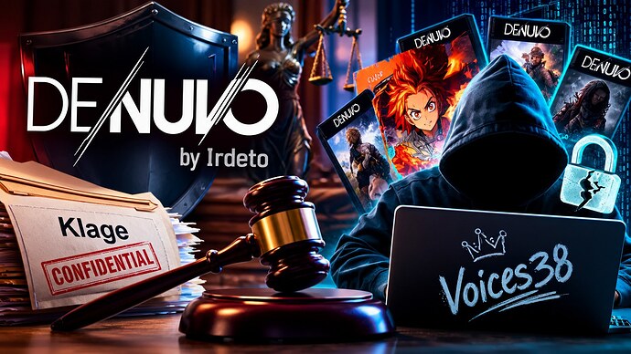 Denuvo gegen Voices38: Gerichtshammer, Kopierschutz-Schild und anonymer Cracker vor einem Laptop mit neuen Spiele-Cracks.
