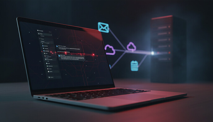 Microsoft Copilot gehackt: Auf einem Laptop mit KI-Chatoberfläche fließen symbolisch Daten aus E-Mail, Cloud und Kalender über digitale Verbindungen nach außen, während rote Warnlichter eine Cyberangriff-Stimmung erzeugen.