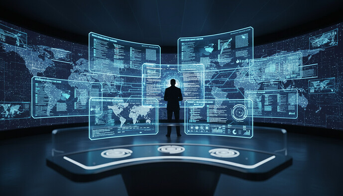 Visualisierung einer künstlichen Intelligenz, die weltweit Server und eine digitale Infrastruktur automatisiert verwaltet.