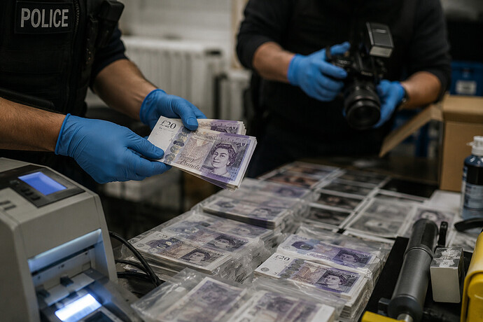 Polizeibeamte untersuchen sichergestellte gefälschte 20-Pfund-Banknoten und Beweismittel in einer illegalen Falschgeld-Werkstatt.