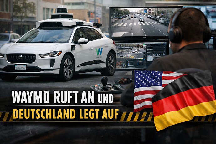 Waymo Robotaxi im Stadtverkehr, Leitstand im Hintergrund, Symbol für Fernlenken in Deutschland