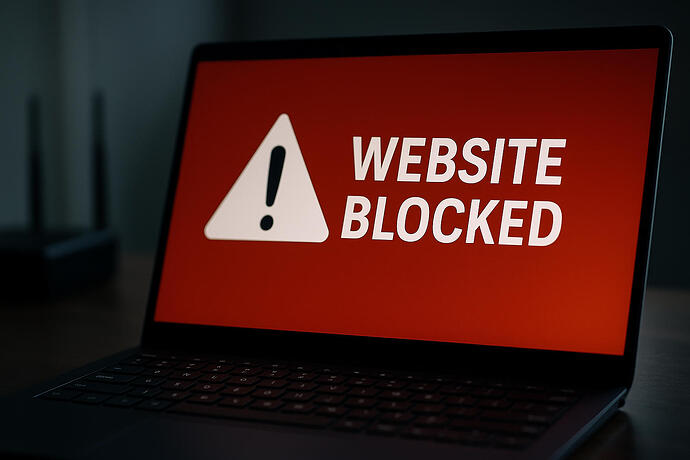 Es handelt sich um die Illustration eines Laptops mit Warnsymbol und der Meldung „Website Blocked“. Diese Darstellung symbolisiert Internetzensur oder DNS-Sperren.